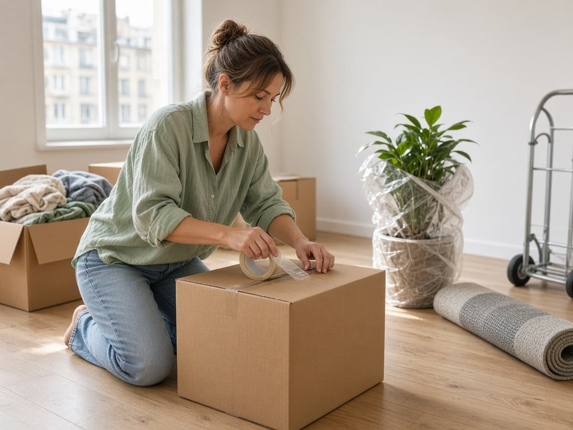 Frau verpackt Kartons beim Umzug in einer hellen Wohnung